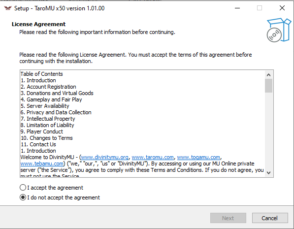 Pick “I accept the agreement” to enable the Next button.