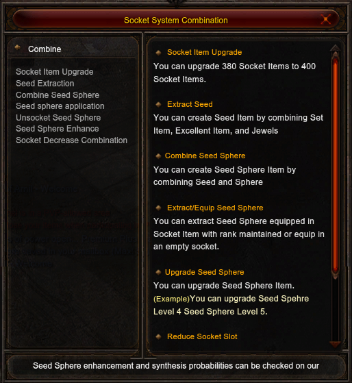 The Socket System Combination menu, with all seven operations.