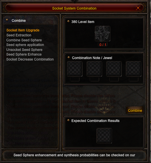 Socket Item Upgrade — the 380 item goes in the top slot, the note and jewels below.